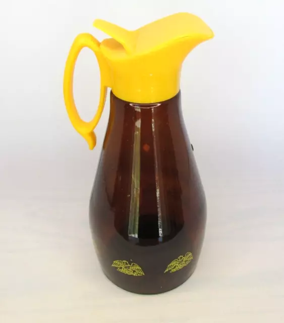 Vintage 1970 Amber LOG CABIN Syrup Dispenser Glass Bottle Yellow Eagle & Top