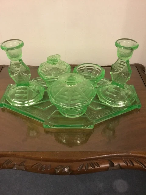 VINTAGE ART DECO Green Glass Dressing Table Set With Tray Circa 1930s  18.00 - PicClick UK