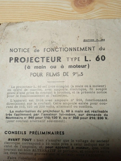 Notice De Projecteur Lapierre 9,5 Mm - Type L.60 - Livret D'occasion