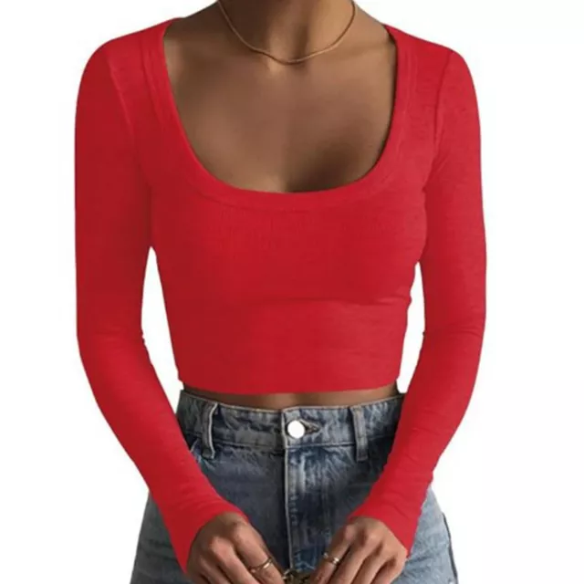 Skinny Long Sleeve Backless Crop Tops Square Neck Bodycon Shirts Cut Out