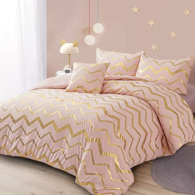 Pink Comforter Set Queen Size, Metallic Blush and Rose Gold Bedding Set, 4 Piece