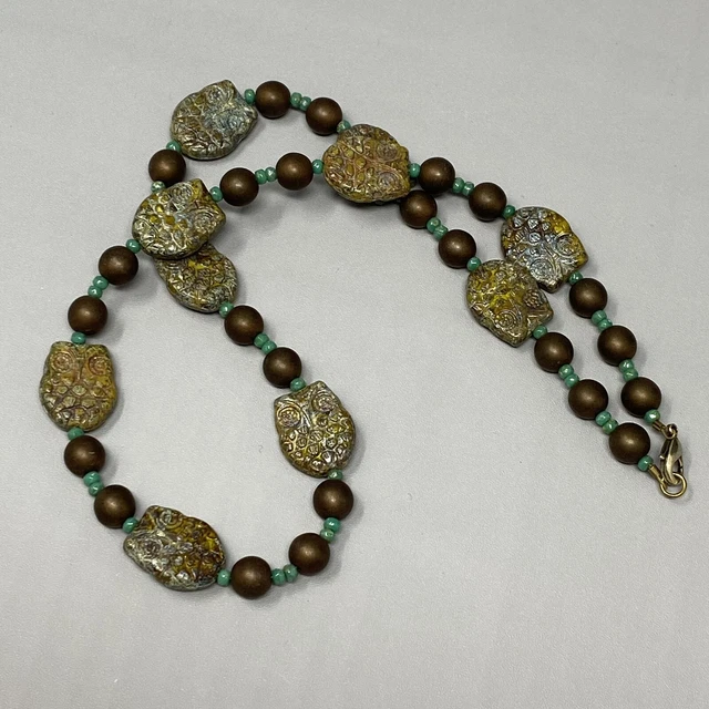Czech Art Glass Necklace Brown Blue Picasso Molded Owl Beads Station Boho 20"