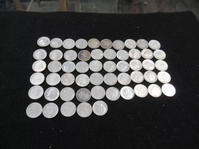 Roosevelt Dime Lot Of 55 Coins All 0.900 Fine Silver Survival Money= #55