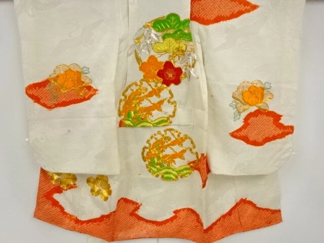 40197# Japanese Kimono / Antique Kimono For Girls / Shibori / Embroidery / Crane