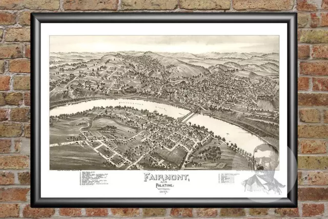 Old Map of Fairmont, WV from 1897 - Vintage West Virginia Art, Historic Decor