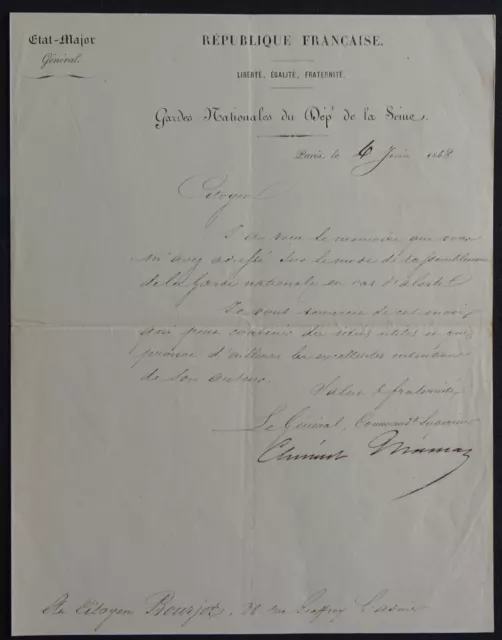 Général Clément THOMAS autographe / Tué par la COMMUNE de Paris en 1871