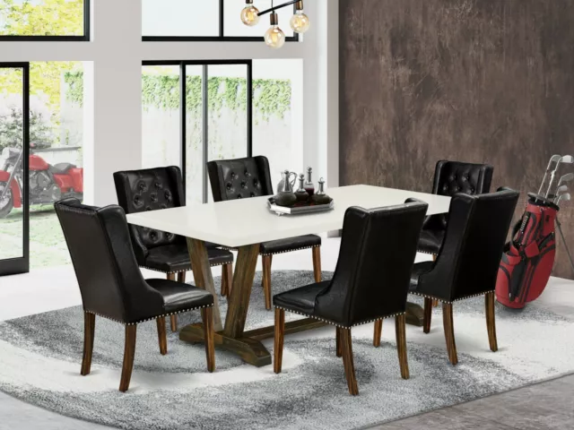 7pc kitchen set V-Style rectangular table + 6 parsons chairs black PU leather