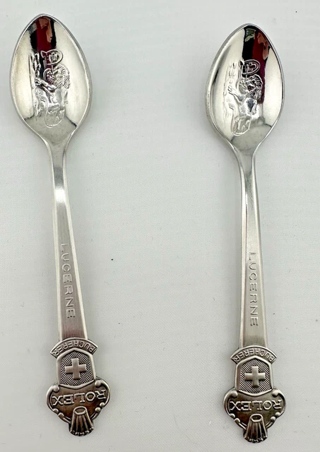 2 VTG Rolex Bucherer Silver Plated Spoons Switzerland Lion Shield Collectible CB