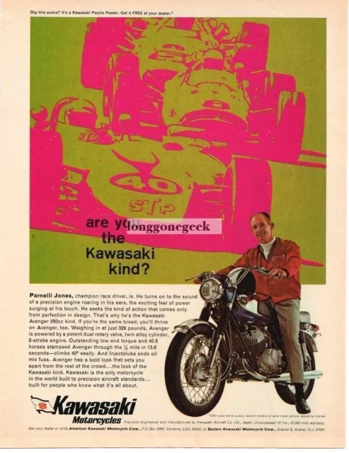 1968 Kawasaki Avenger 350cc  Motorcycle Parnelli Jones Vintage Ad