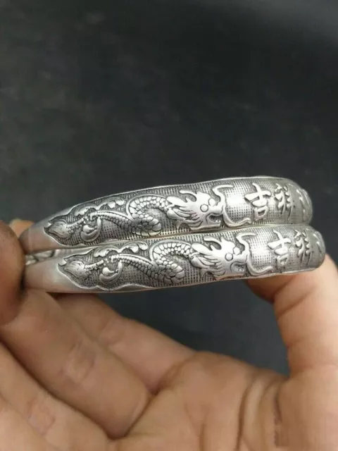 A Pair Old Chinese Tibet Silver Handcarved Dragon Phoenix Bracelets Jewelry