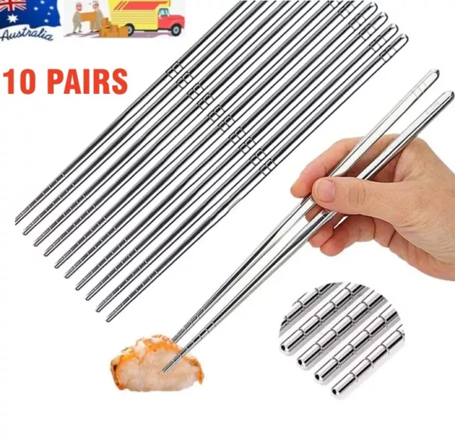 10 Pairs Stainless Steel Chopsticks Asian Chinese Dinner Reusable Cutlery 22.5cm