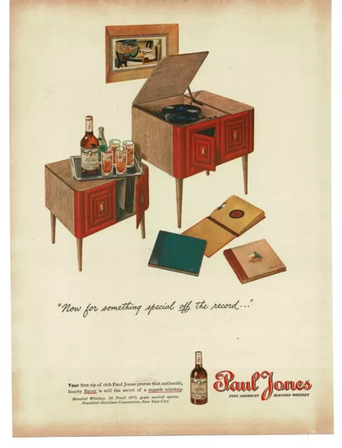 1945 Paul Jones Whiskey MCM Danish Furniture Phonograph Cabinet Vintage Print Ad