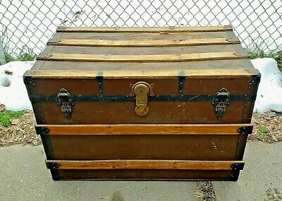 Stunning Antique Wood Flat Top Steamer Trunk Storage Treasure Chest Coffee Table