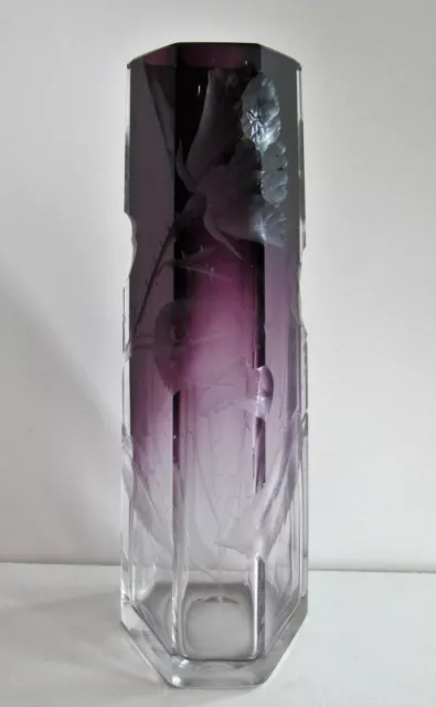 Antique MOSER Amethyst to Clear Glass Vase Bohemian Intaglio Engraved Faceted