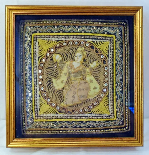 Vintage Asian Embroidery Art Dancing Girl 3D Couching Sequins Glass Frame 12x12"