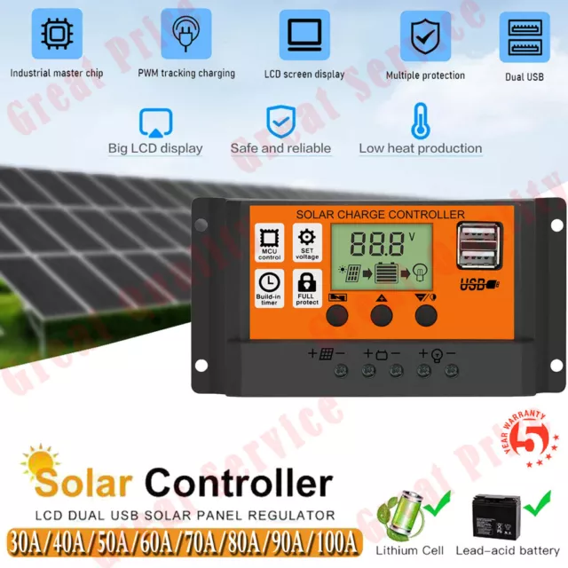 Solar Charge Controller PV 12V 24V PWM From 30A-100A LCD Auto Regulator Battery