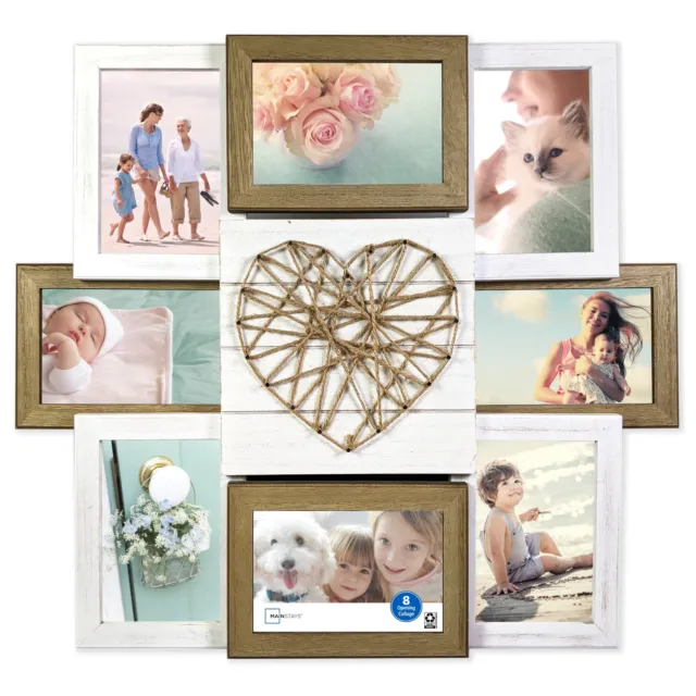 (SHIP FROM USA) 20x18 8-Opening String Heart Rustic Wood Collage Picture Frame