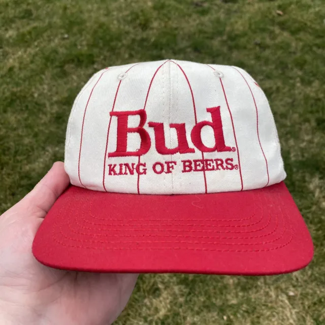 Vintage Bud King of Beers Red and White Pinstripe Snapback Hat Budweiser USA