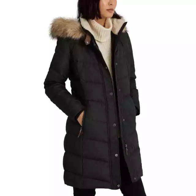 LAUREN RALPH LAUREN Women's Faux-Fur-Trim Hooded Puffer Coat Navy NWT $335 XL