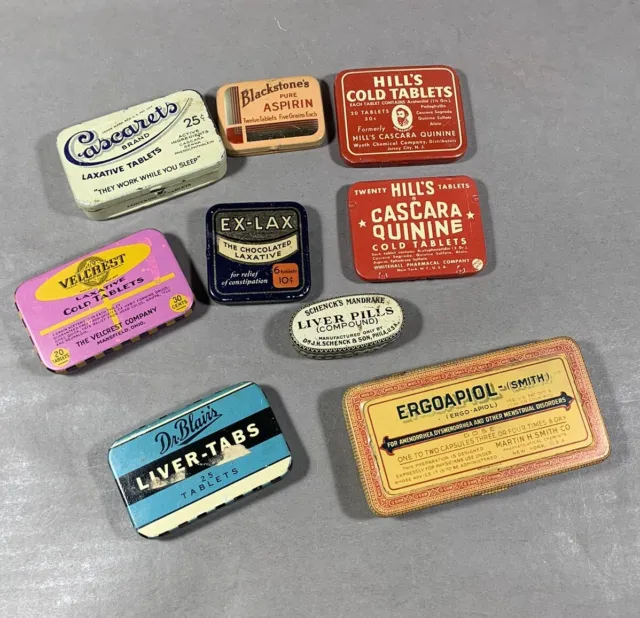 Vintage Tin Medicine Advertising Metal Tins Box Pills Lot Laxative Liver Cold