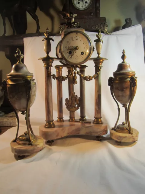 Antique French Gilded bronze & pink marble large mantel clock & garniture works