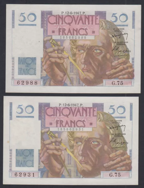 FRANCE 2x 50 FRANCS Leverrier 12-6-1947 N° G.75, lartdesgents.fr (AUS) p3180/24