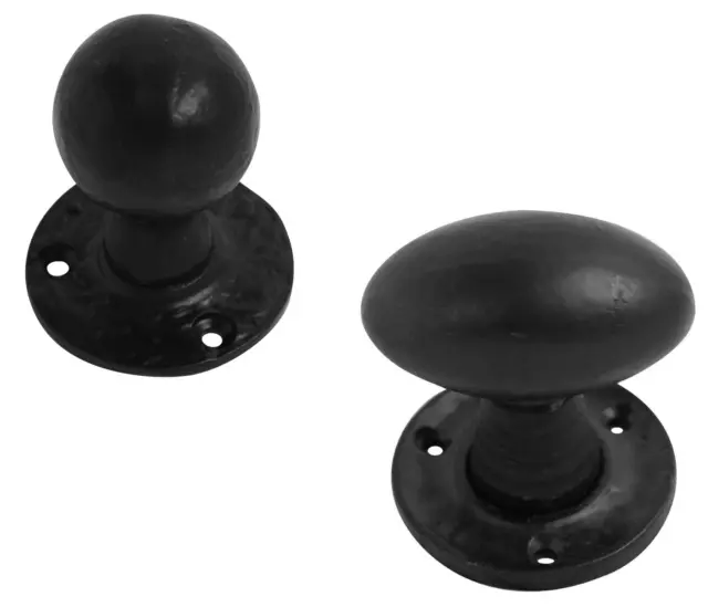 Cast Iron Black Door Knobs Mortice Rim Antique Vintage Round Oval Pair Unsprung