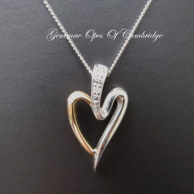 9k 9ct White & Yellow Gold Heart Diamond Necklace Pendant 48cm Curb Chain 2.69g