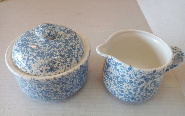 Vintage Blue & White Spongeware Creamer and Sugar Bowl
