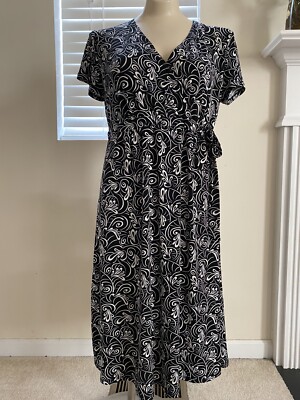 oh baby womens MEDIUM black white floral midi short sleeve dress VEUC