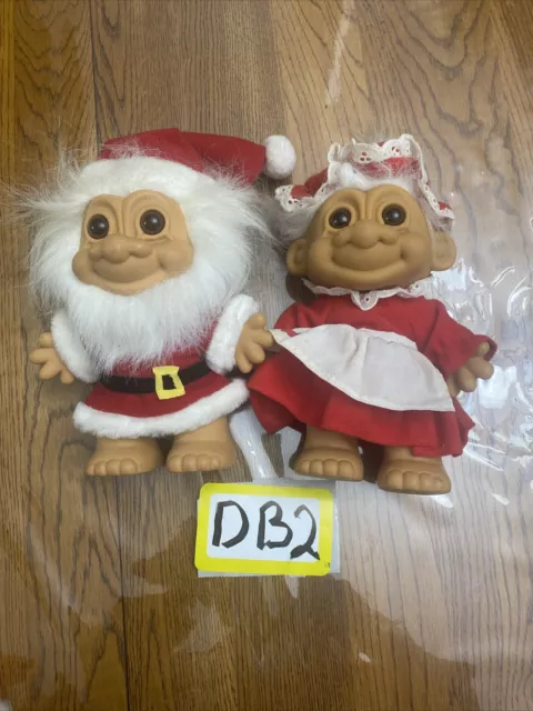 2 Russ Christmas Trolls Mr And Mrs Claus Holiday Santa Dolls 8" - 1990's Vintage
