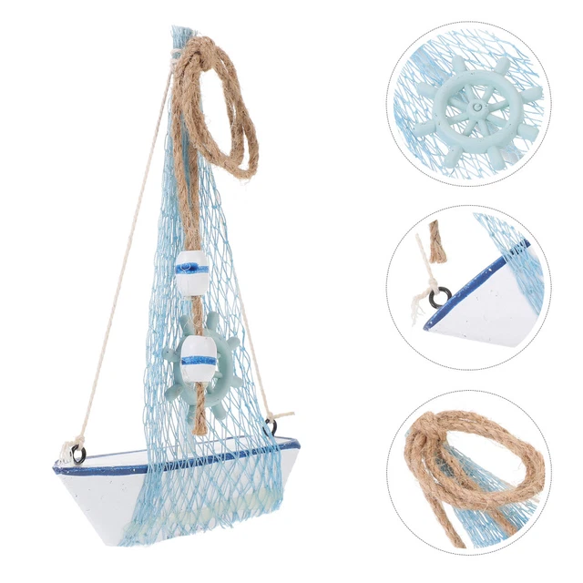 Mini Voiliers En Bois Décoration - Lot De 4 Modèles Nautiques Bleu Et Blanc - 11 Cm - Pour Salle De Bain, Bureau, étagère - 5