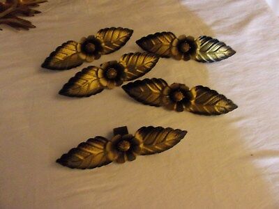 Lot of 5 Matching Antique Metal Curtain Tie Backs Floral Gold & Black 6.5 in