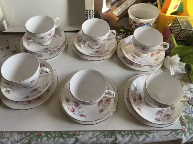 6 Vintage Gainsborough Bone China Pink Roses Trios, Cups, Saucers, Side Plates