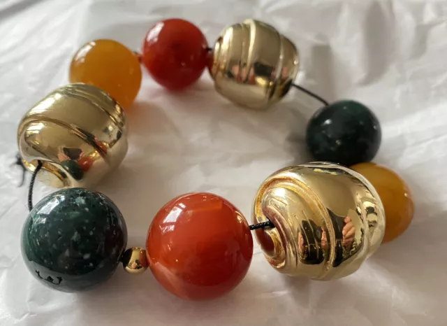 VTG Chunky Marbled Lucite Bracelet Swirl Globes Gold Tone Barrel Beads~Restring