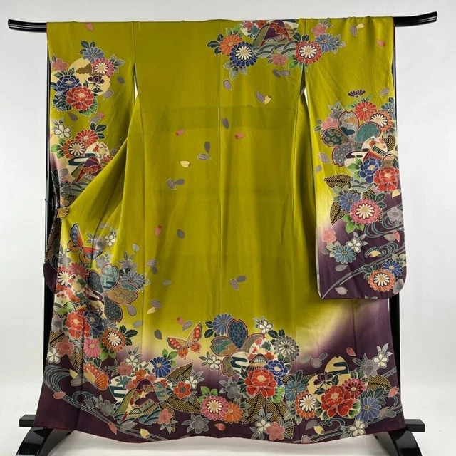 Woman Japanese Kimono Furisode Silk CherryBlossom Butterfly Blur Matcha Green