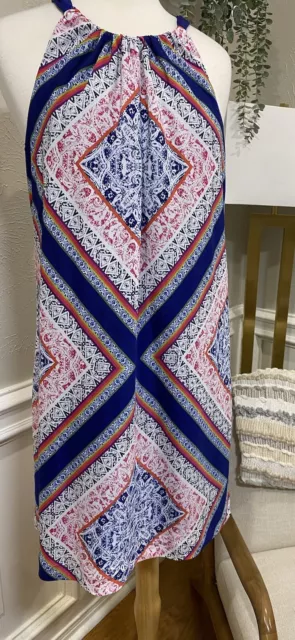 NWOT TRINA TURK Halter Shift Dress Women's 10 Aztec Geometric Print Blue Silk