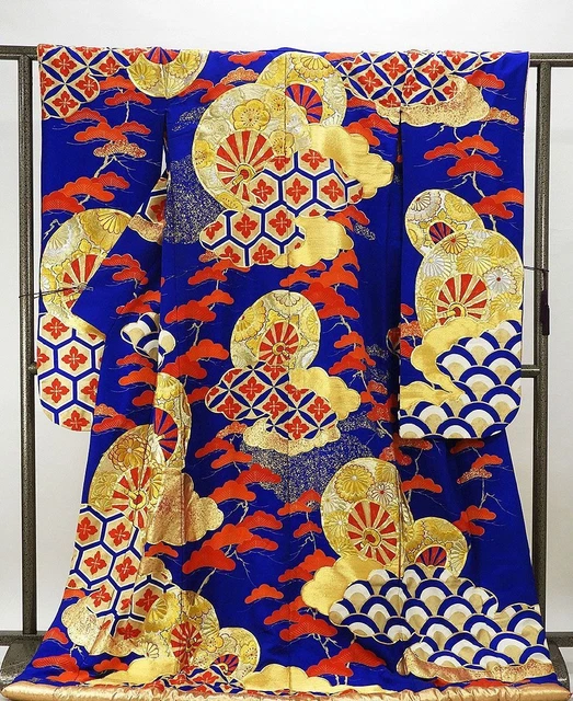 Iro Uchikake Pure Silk Bridal Japanese Style Wedding Kimono Used Blue Gold