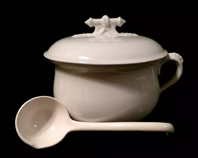 VINTAGE JOHN MADDOCK and SONS - GLAZED WHITE EARTHENWARE TUREEN w/LID and LADLE