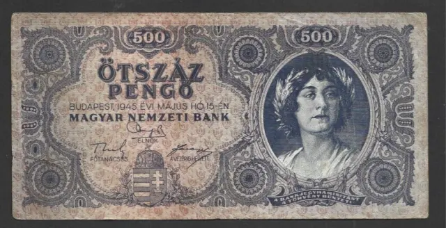 500 Pengo Very Fine  Banknote Hungary  1945  Pick-117