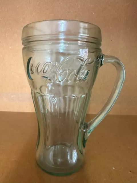 Vintage Coca Cola Green Embossed Heavy Glass Stein glass/mug with handle