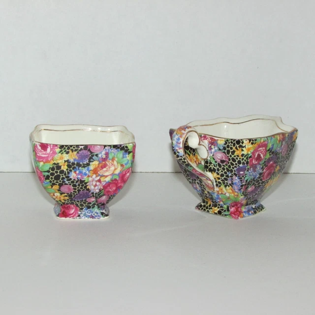 ROYAL WINTON GRIMWADES HAZEL Antique CREAMER & SUGAR BOWL BLACK CHINTZ Square 2