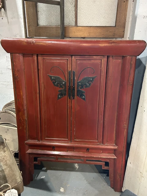 Antique Red Chinese Wedding Cabinet Wardrobe Armoire With Butterfly Motif