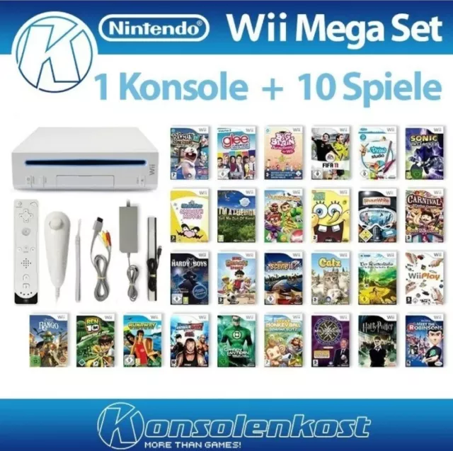 Nintendo Wii MegaSet Konsole + Gratis 10 Spiele + Remote und Nunchuk in weiß