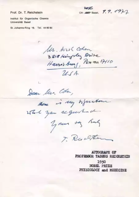 NOBEL PRIZE in MEDICINE 1950 Tadeus Reichstein autograph letter signed