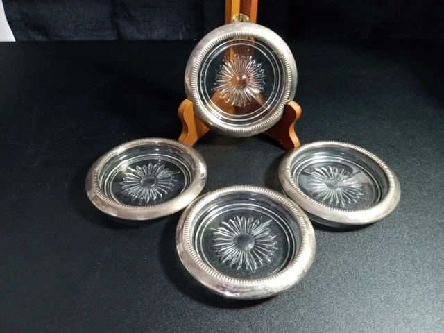 4 Vintage Silver Plated Glass and Silver Coasters Made In Hong Kong