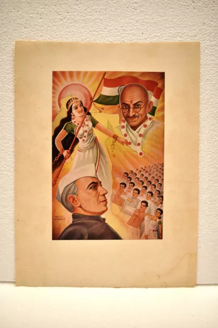 Vintage Gandhi Madre India Litografia Stampa Jawaharlal Nehru National Anthems "