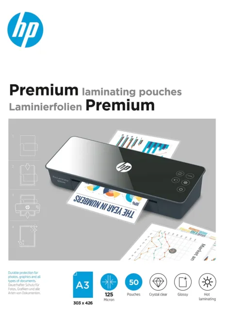 HP Premium Laminating Pouches, A3, 125 Micron, Pack of 50 DIN A3