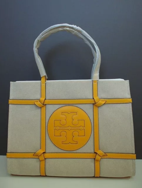 Tory Burch Ella Canvas Quadrant Tote Natural/Brunnera New With Tags