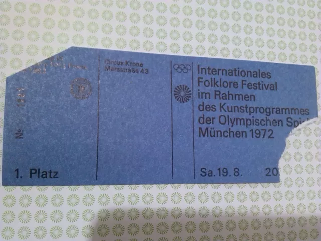 Ticket FOLKLORE FESTIVAL OTL AICHER HFG OLYMPISCHE SPIELE 1972 MÜNCHEN MUNICH